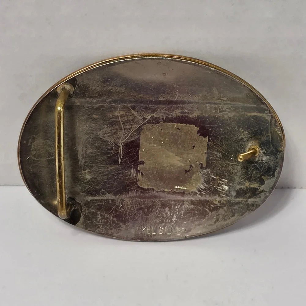 Vintage Nickel Silver Two Tone Rodeo Bucking Bronco Oval Belt Buckle Western